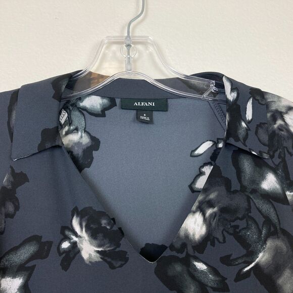 ALFANI Women's V-Neck Semi Sheer Blouse Size S Gray Floral Balloon Sleeve Office - Picture 2 of 7